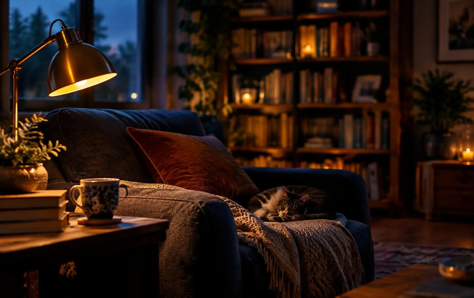 Een leeslamp, een mok en een kat op de bank in een warme woonkamer