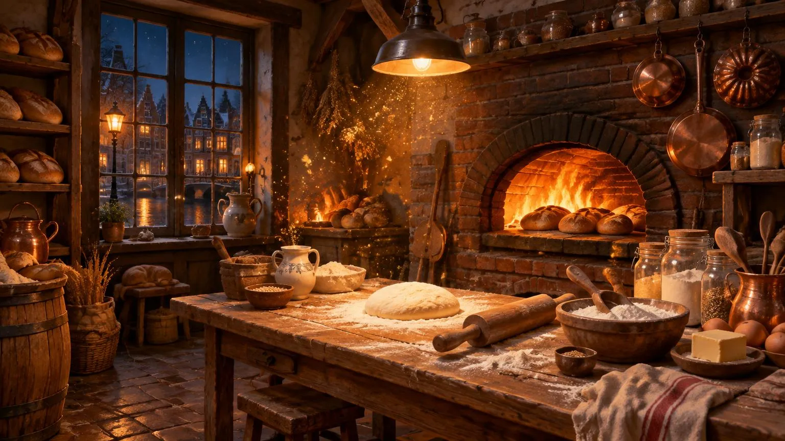 Een warme bakkerij met een houtoven, deeg op een met meel bestoven tafel en grachtenhuizen buiten