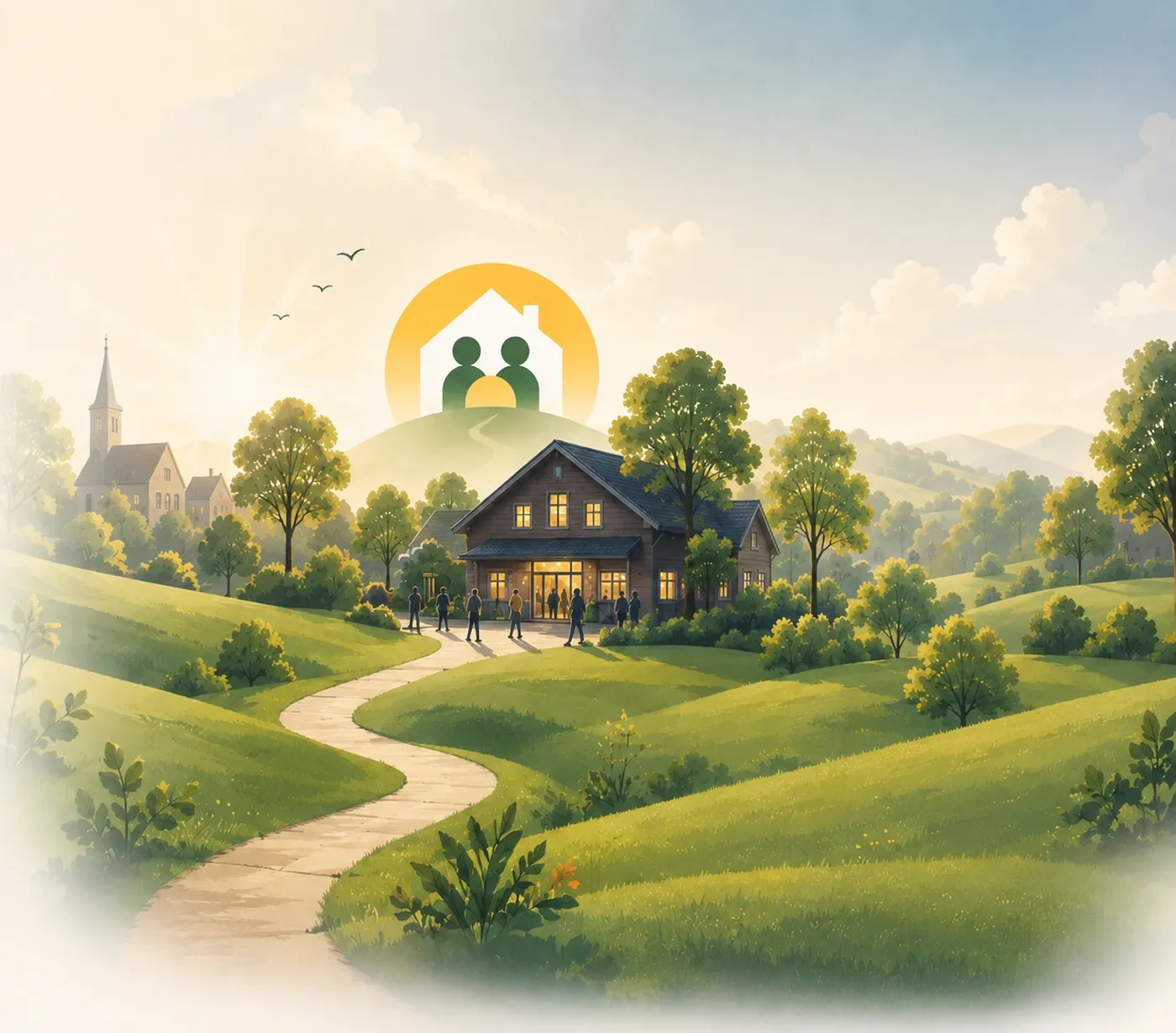 Een dorpshuis in het groen, met het dorpshuis.online-logo als rijzende zon erboven