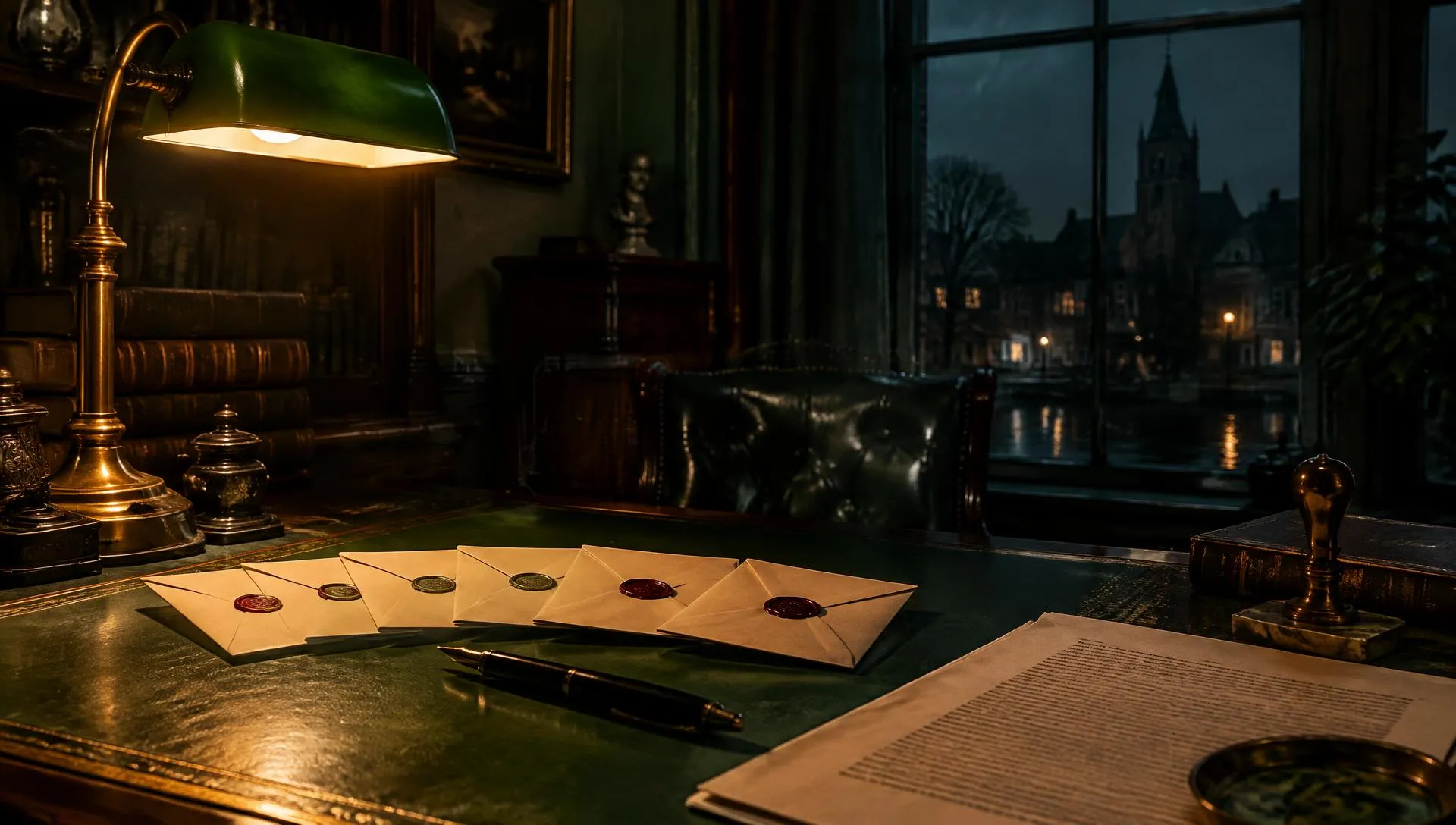 Een notarisbureau met een groene lamp, verzegelde enveloppen en een vulpen