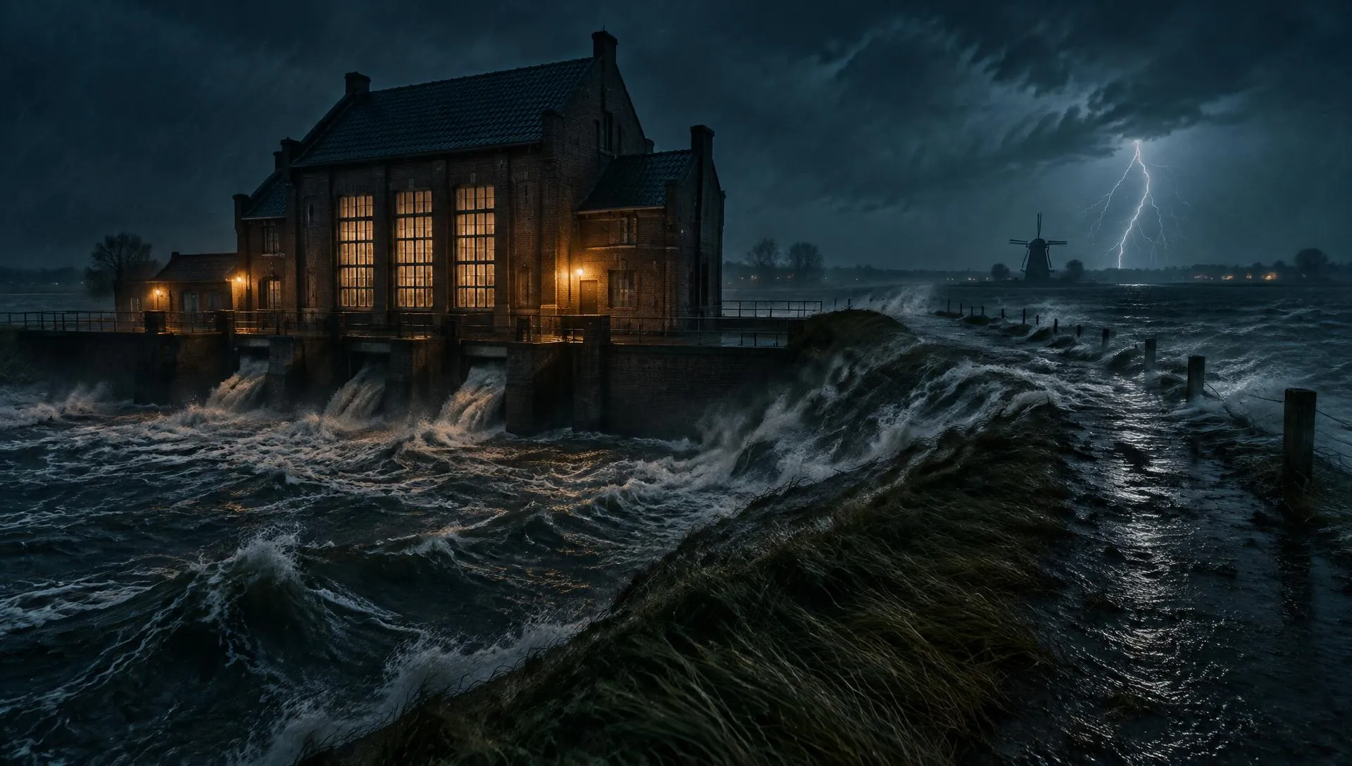 Een stoomgemaal aan de dijk in een stormnacht, met hoge golven en bliksem