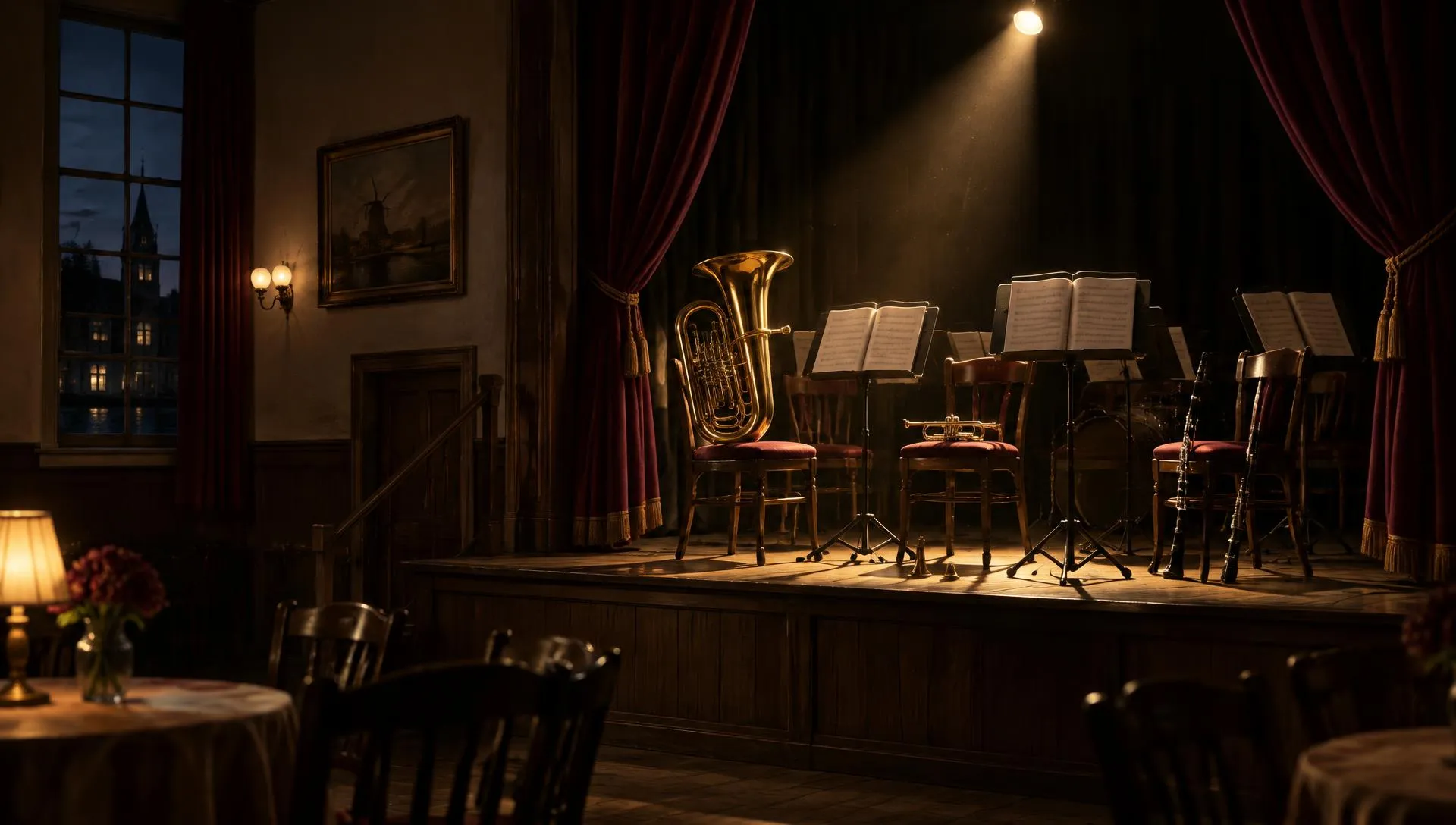 Een leeg podium met een tuba, lessenaars en rode gordijnen, in het licht van één lamp