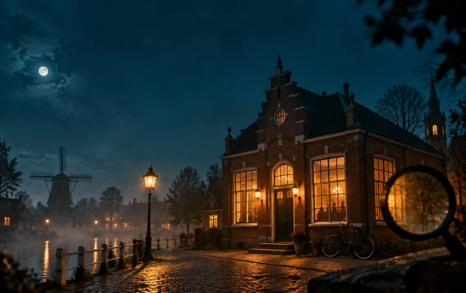 Het dorpshuis van Oudewaard bij nacht, met een molen, een gracht en een vergrootglas