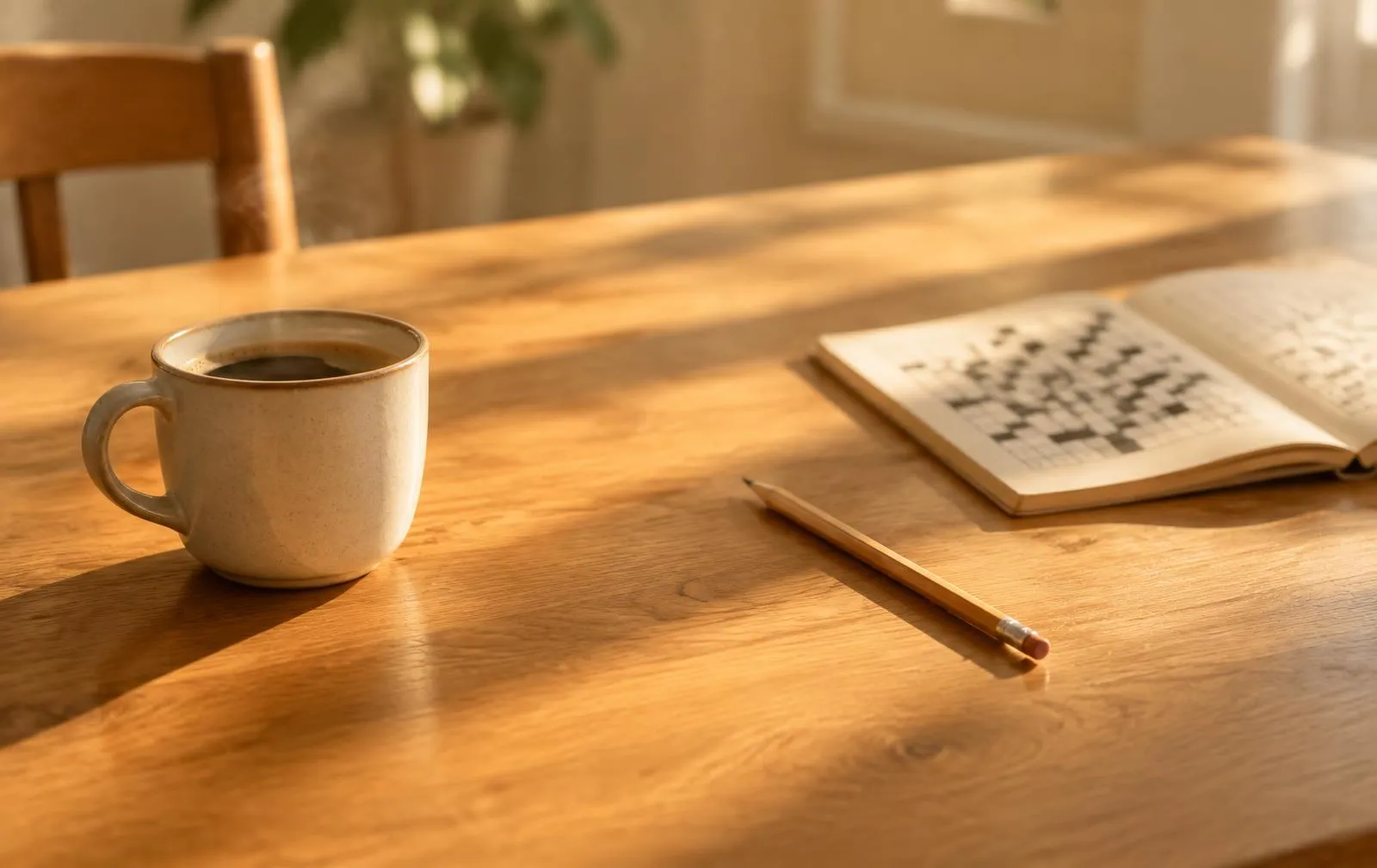 Een kop koffie, een puzzelboekje en een potlood op een zonnige keukentafel