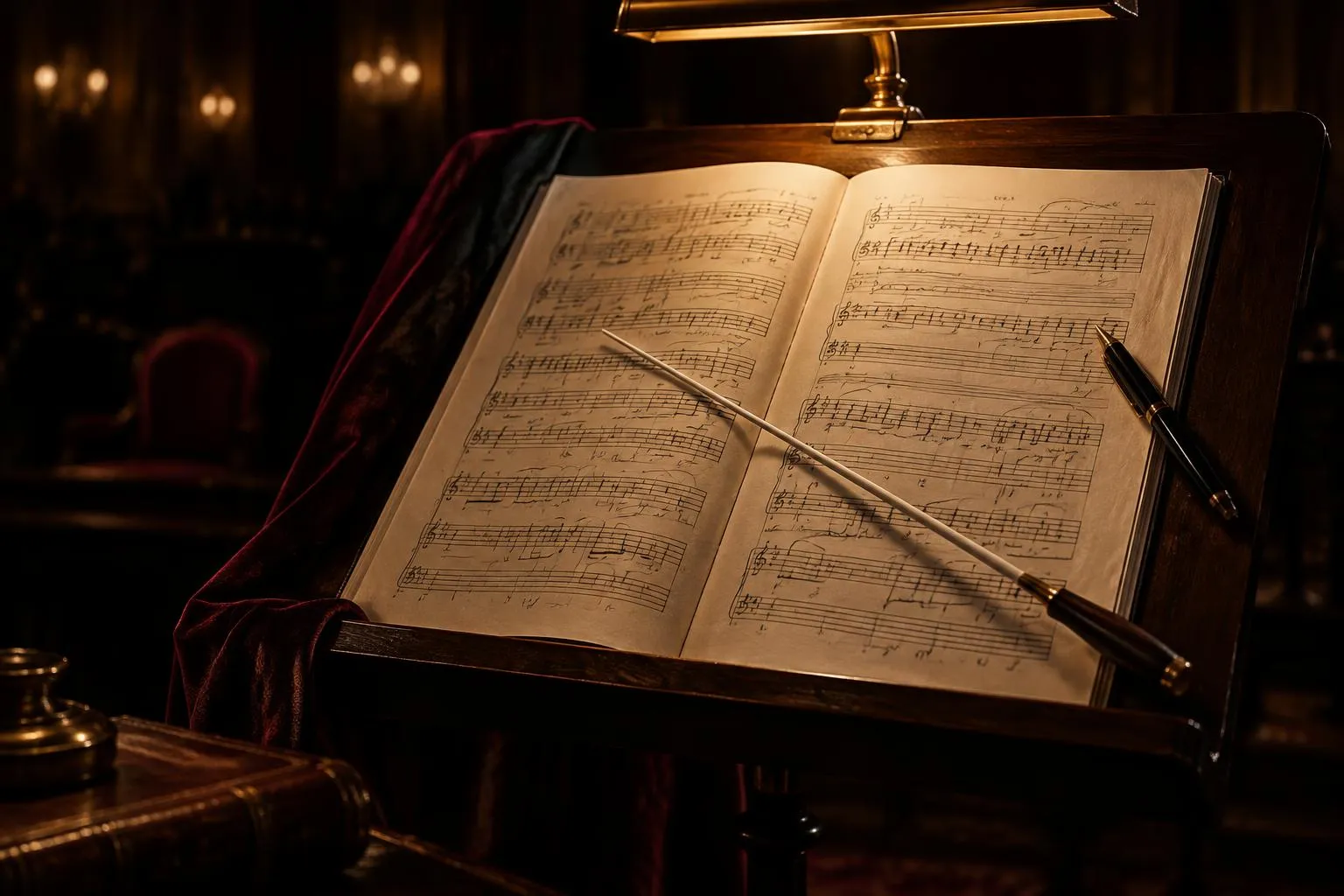 Een partituur met een dirigeerstok op een lessenaar, uit Moord in de Harmonie