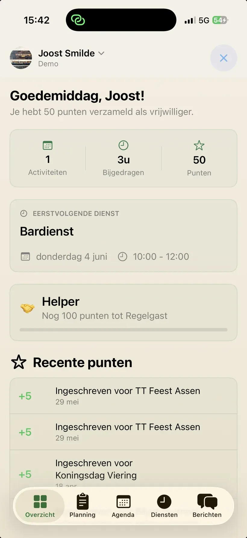 Vrijwilligers-app met diensten en punten
