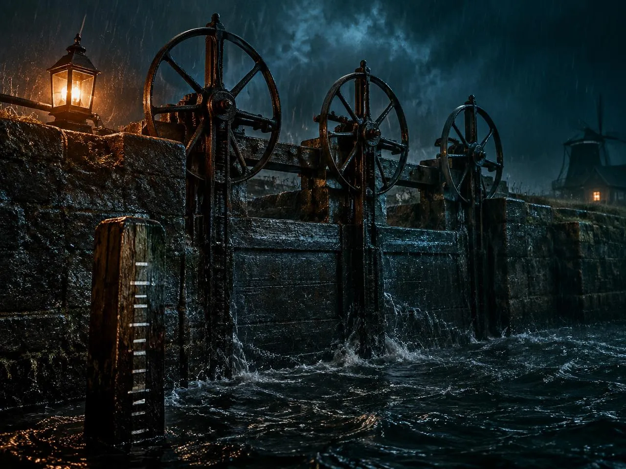 Sluiswielen aan de dijk in een stormnacht, uit Het Waterschap
